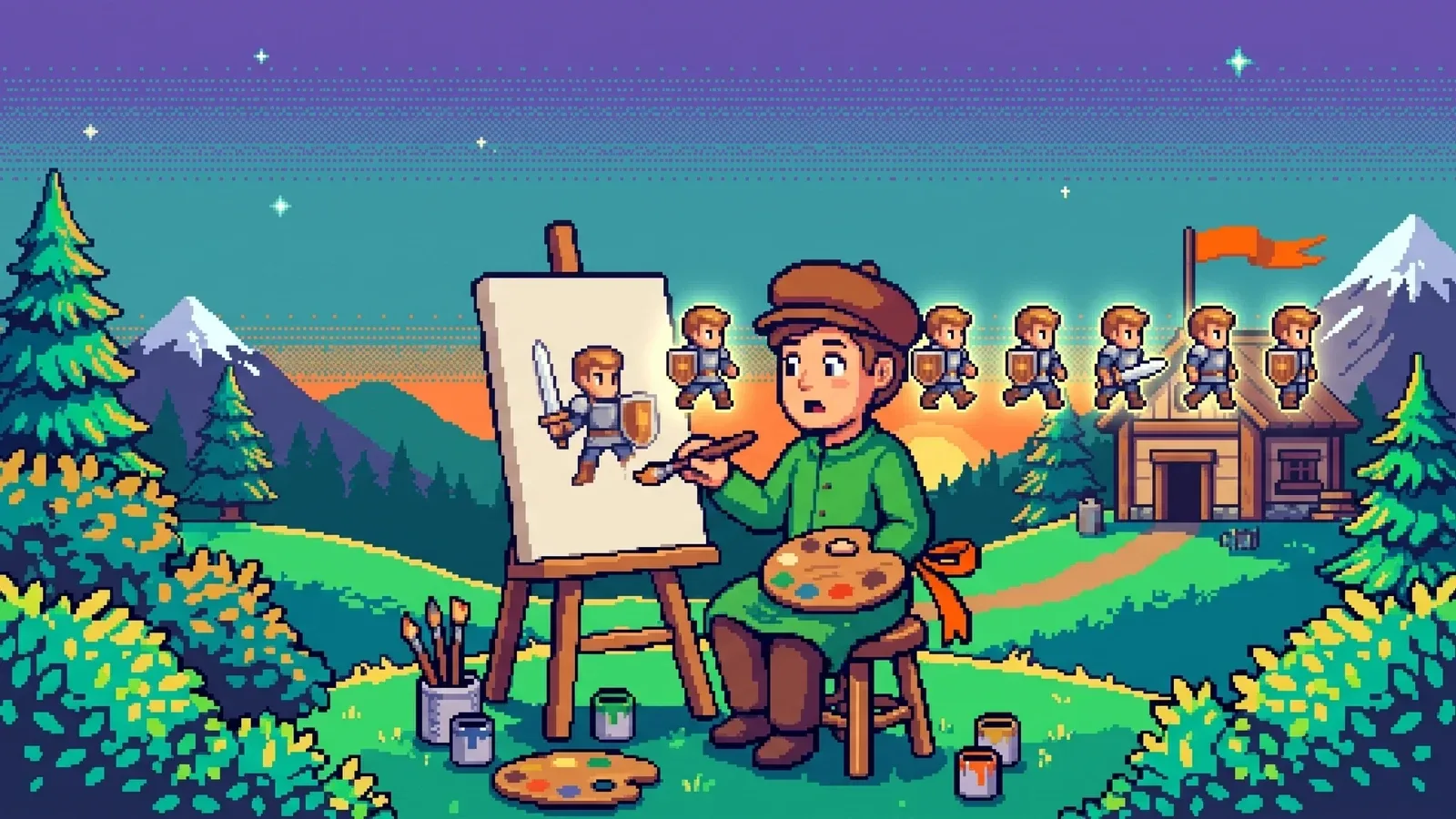 Pixel-art illustration of an artist painting a sprite that comes alive as animation frames