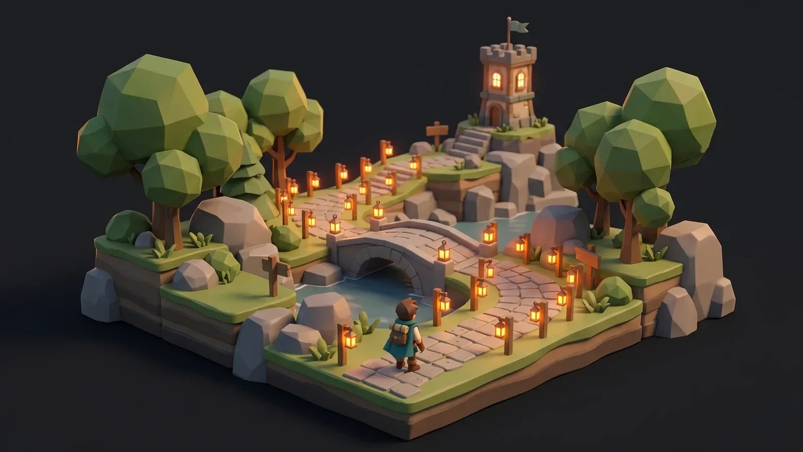 Illustration of a miniature valley where glowing lanterns guide a small character toward a tower, representing level design that guides players