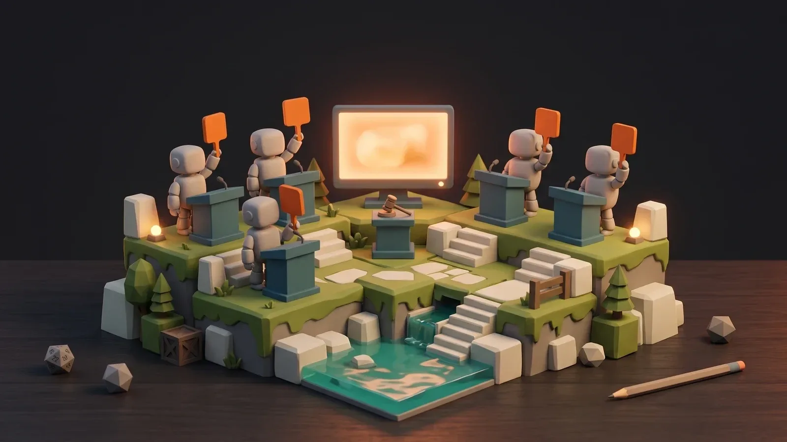 Illustration of little robot bidders raising paddles toward a video screen, representing ad networks competing in ad mediation