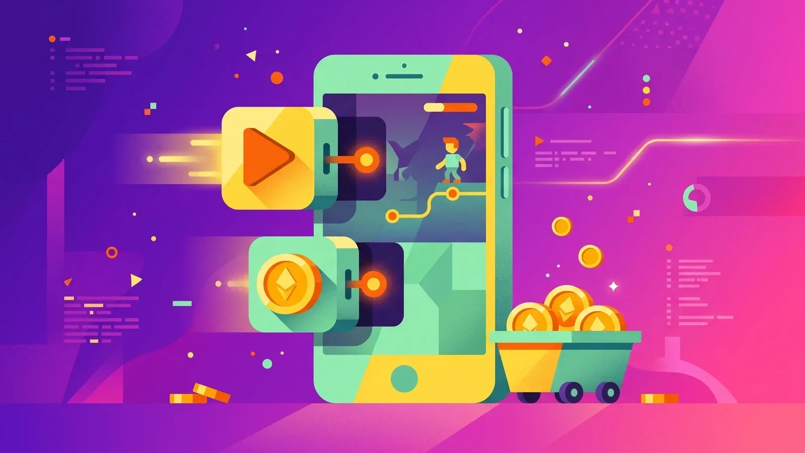 Flat vector illustration of a mobile game connected to ad and purchase building blocks