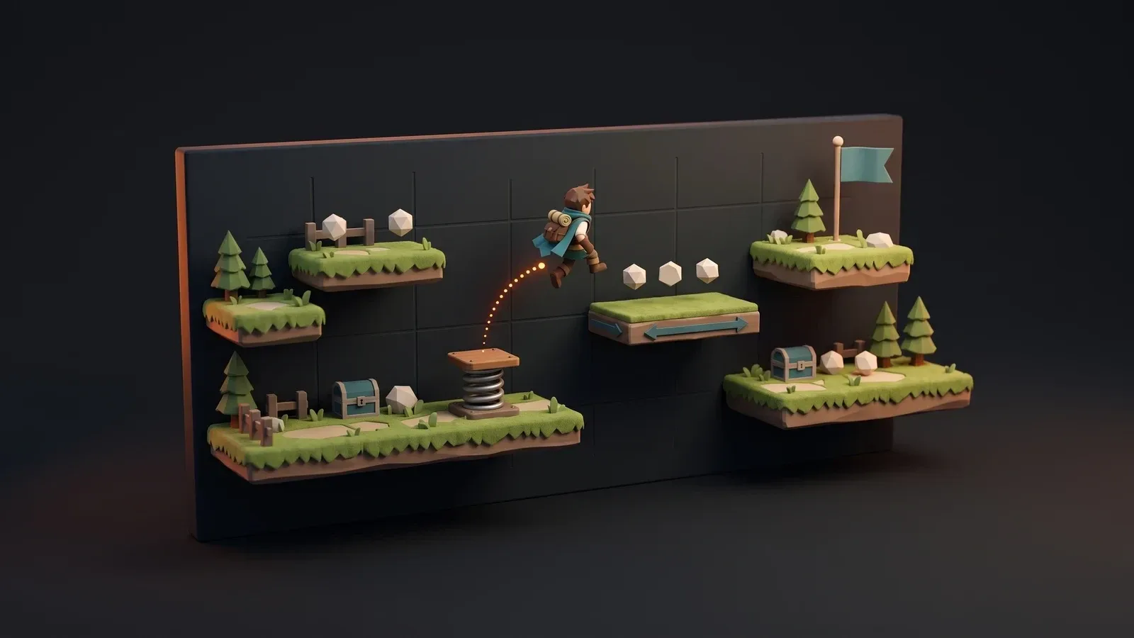 Illustration of a character jumping between floating platforms along a dotted arc, representing a 2D platformer character controller