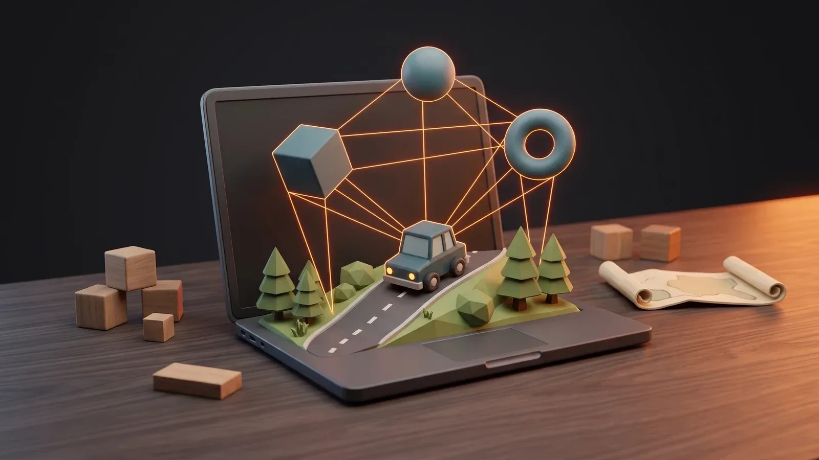 Illustration of a small 3D world rising out of a laptop screen with floating geometric shapes, representing a browser game built with Three.js