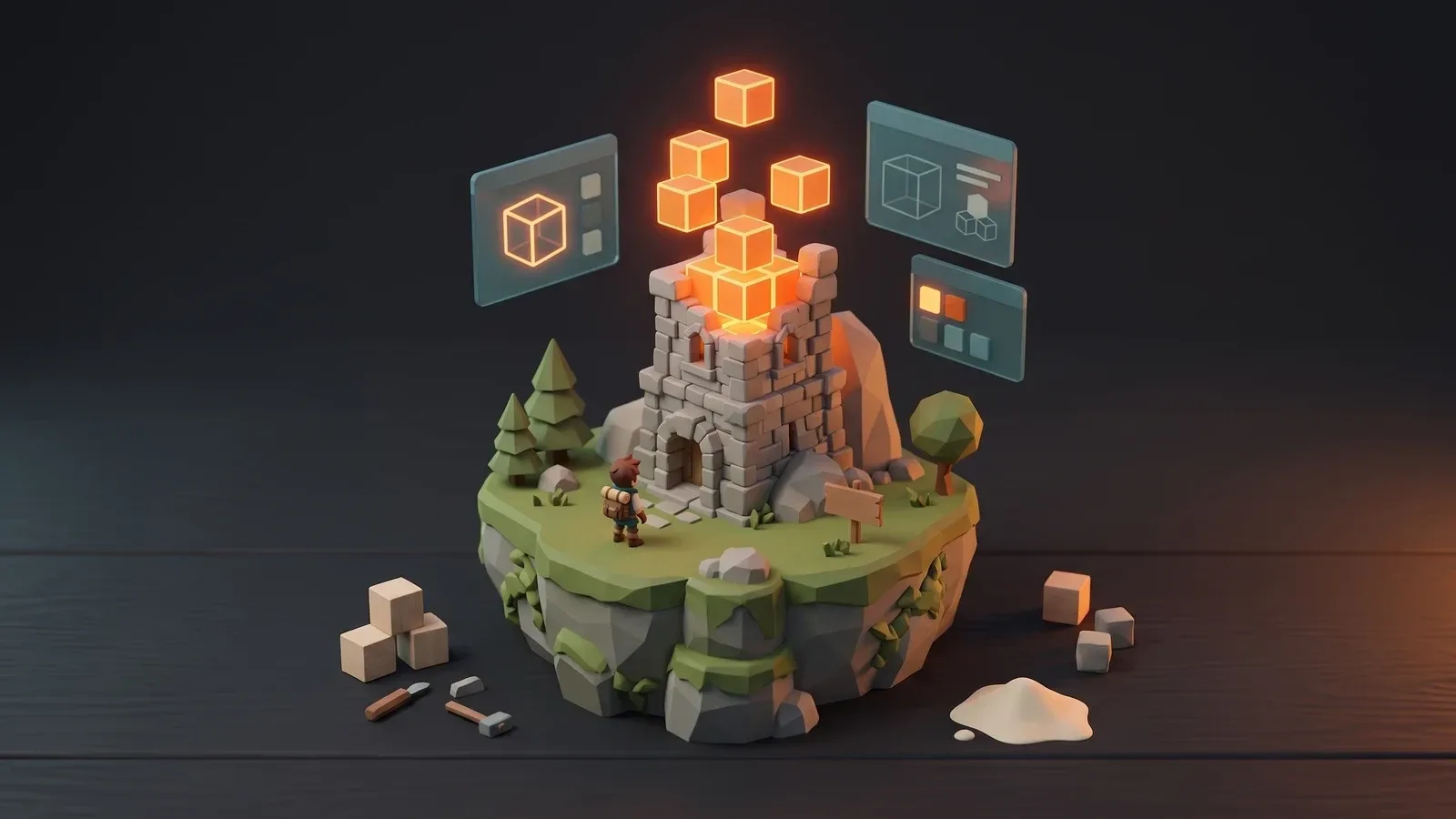 Illustration of a tower being built from glowing blocks on a floating island, representing building a first game in Unity