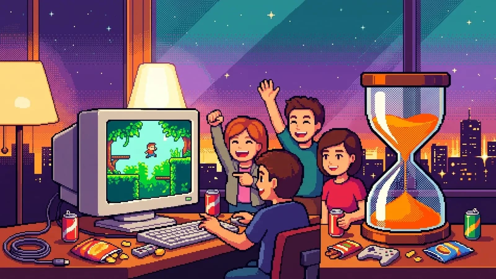 Pixel-art illustration of a small team celebrating their finished game next to a glowing hourglass