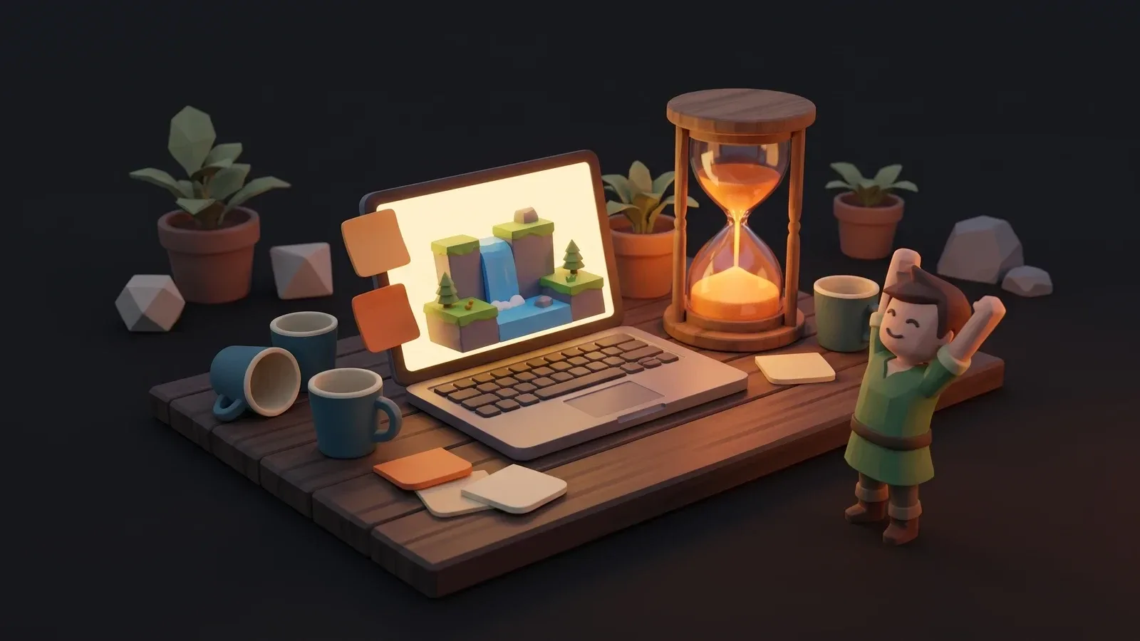 Illustration of a cozy game jam desk with a laptop, a glowing hourglass and coffee cups, representing finishing a game in 48 hours