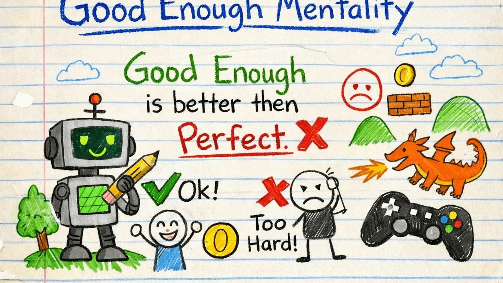 Illustration contrasting an unfinished perfect plan with a small finished playable game