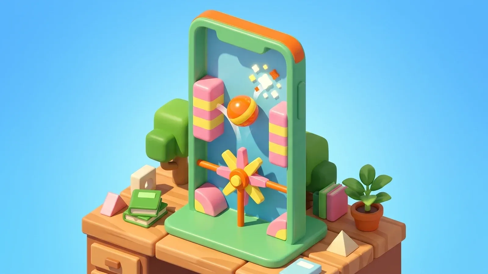Colourful illustration of a single-tap game loop with a character, a timer and score bursts