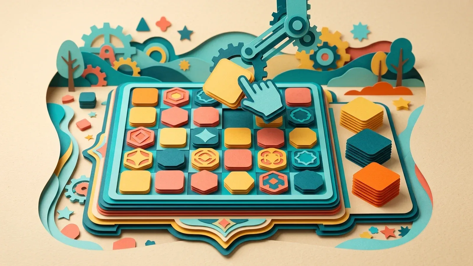 Paper-cut illustration of a puzzle board with coloured pieces being matched