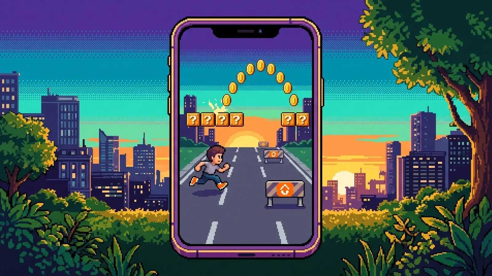 Pixel-art scene of a character running past obstacles with coins arcing overhead