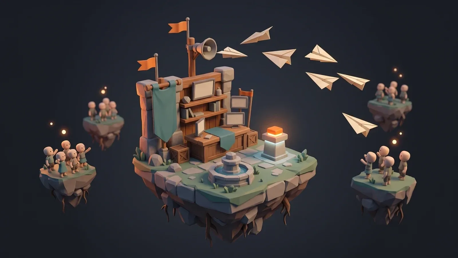 Illustration of a tiny game studio booth sending paper airplanes to small crowds, representing marketing an indie game before launch