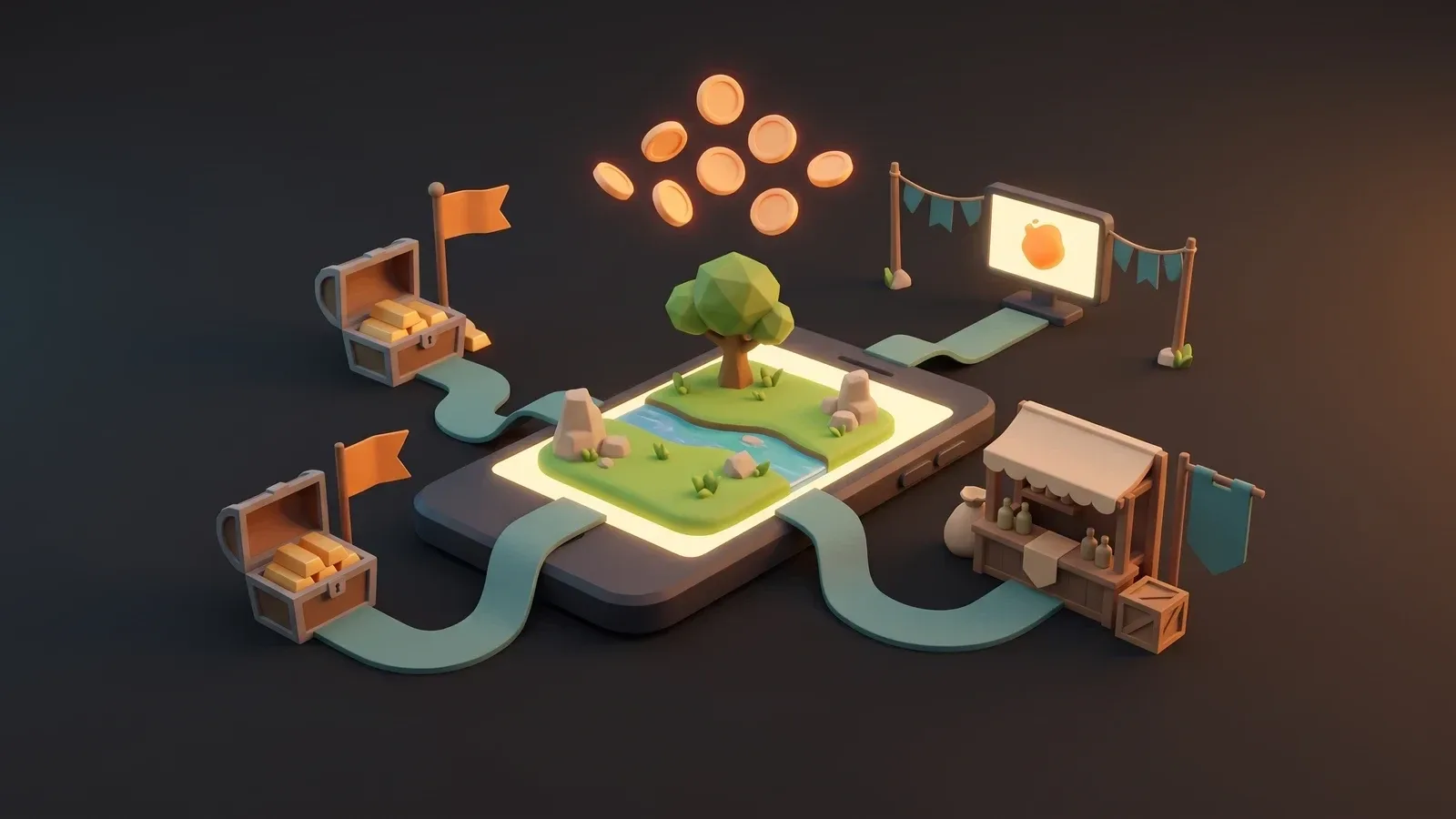 Illustration of a tiny game world on a smartphone with paths to a treasure chest, a shop and a video screen, representing mobile game monetization options