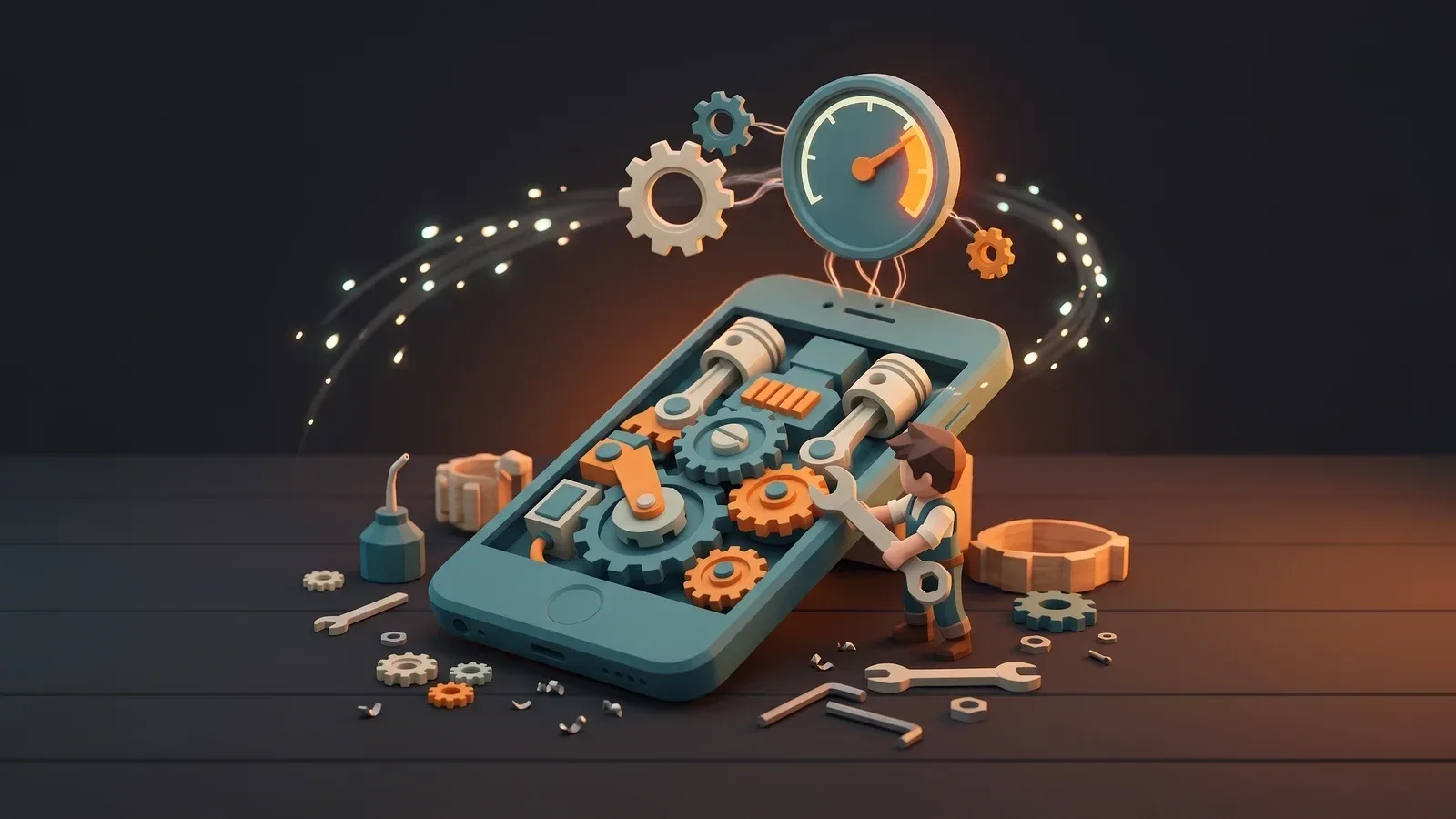 Illustration of a character tuning a smartphone like an engine with gears and a speed gauge, representing mobile game performance optimization