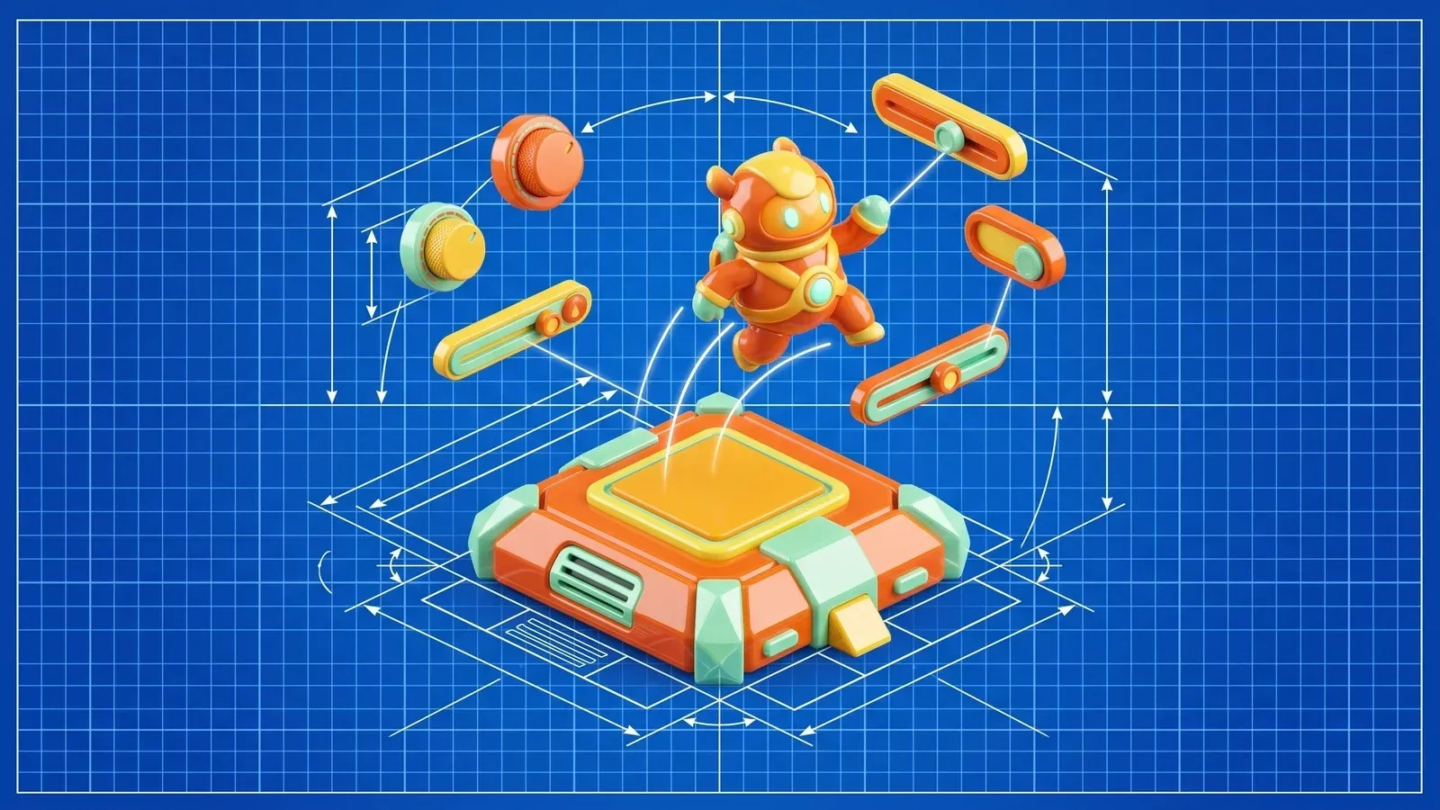 Blueprint-style illustration of a game character with tuning dials for speed, jump height and gravity